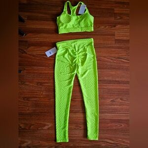 Neon YELLOW Textured Active Leggings & SPORTS BRA